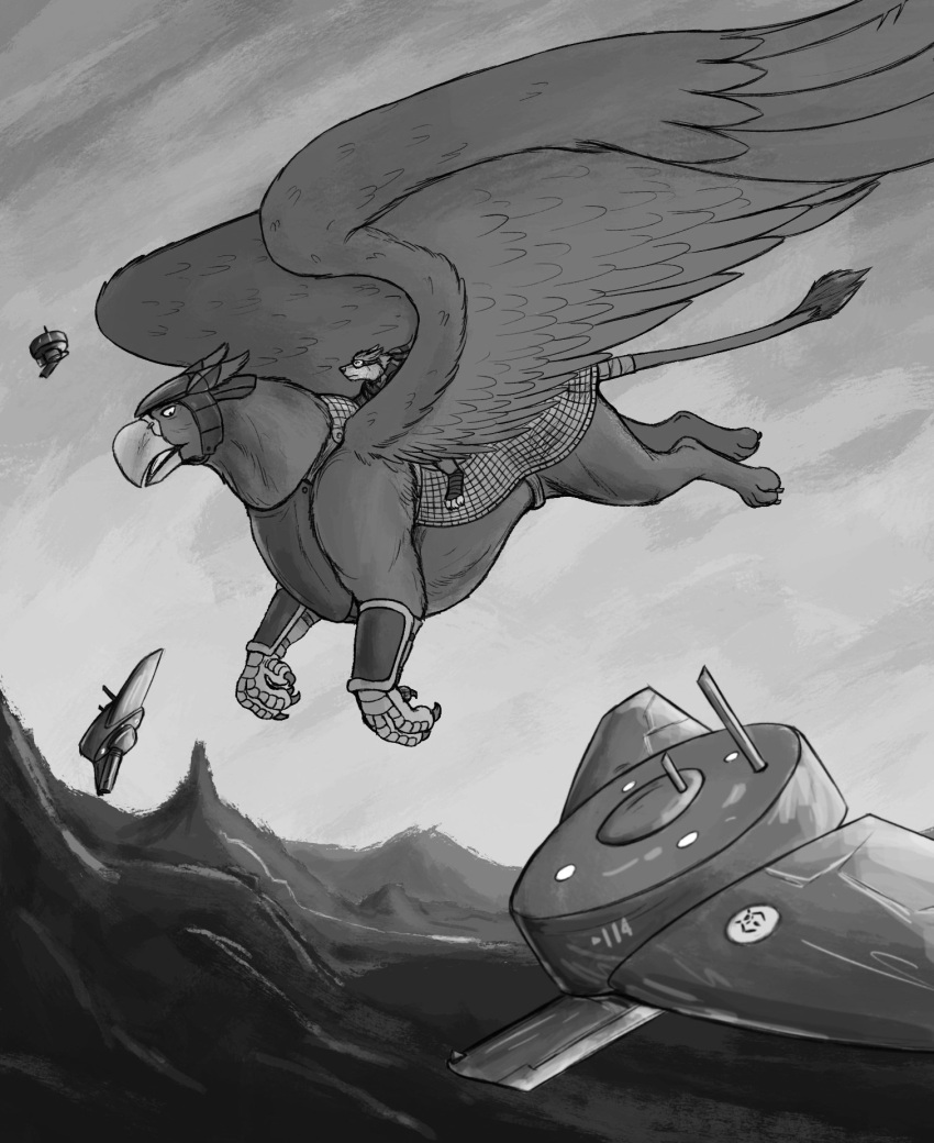 anthro armor avian canid canine canis drone duo feral flying greyscale gryphon headgear helmet hi_res male mammal monochrome mythological_avian mythology riding riding_on_back thatgryphonguy wings wolf