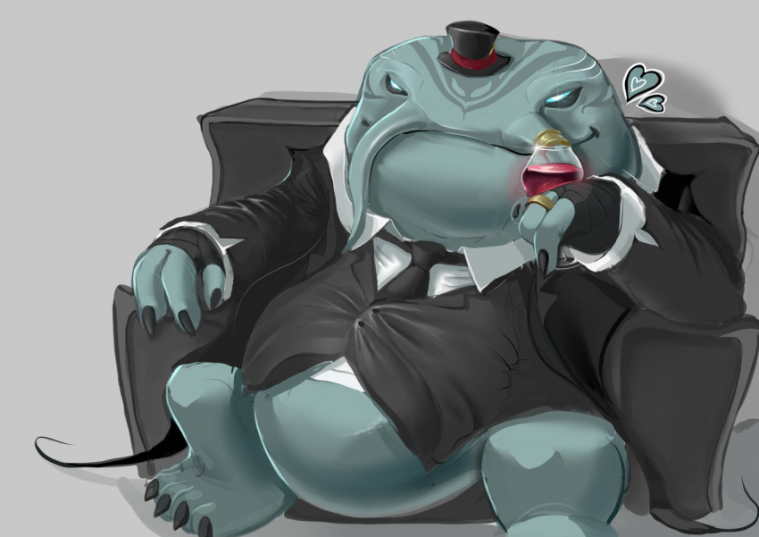 &lt;3 2019 3_fingers 4_toes alcohol anthro barbel_(anatomy) belly beverage big_belly big_head big_mouth_(anatomy) black_clothing black_hat black_headwear black_jacket black_necktie black_shirt black_suit black_toes black_topwear bottomless bottomless_anthro bottomless_male catfish closed_smile clothed clothing colored digital_drawing_(artwork) digital_media_(artwork) feet fingers fish flesh_whiskers front_view full-length_portrait furniture gold_(metal) gold_jewelry gold_ring grey_background grey_belly grey_body grey_face grey_feet grey_heart grey_legs grey_markings grey_scales grey_theme grey_toes grey_whiskers hand_on_object hat headgear headwear holding_glass holding_object holding_wine_glass hyper hyper_belly jacket jewelry league_of_legends light looking_at_viewer male male_anthro marine markings necktie no_sclera obese obese_anthro obese_male overweight overweight_anthro overweight_male portrait pupils raylor_7 realistic_lighting ring riot_games scales scalie shaded shirt simple_background sitting smile smiling_at_viewer sofa solo spread_legs spreading suit tahm_kench_(lol) toes topwear video_games white_clothing white_dress_shirt white_pupils white_shirt white_topwear wine