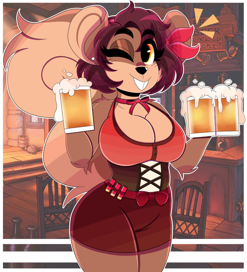 absurd_res alcohol anthro bar beer beverage big_breasts bow_tie breasts brown_body brown_fur brown_hair cleavage clothed clothing elbow_tufts eyebrows eyelashes female fur hair hi_res looking_at_viewer mammal one_eye_closed rodent sciurid shelly_(wirelessshiba) short_hair shoulder_tuft solo tan_body tan_fur tree_squirrel tuft wireless_shiba