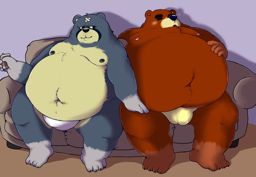 2021 absurd_res animal_crossing anthro belly blush brown_body bulge clothing curt_(animal_crossing) duo eyes_closed hi_res humanoid_hands loafbeaw male male/male mammal moobs navel nintendo nipples obese obese_male overweight overweight_male sitting teddy_(animal_crossing) underwear ursid video_games vtc_lewd