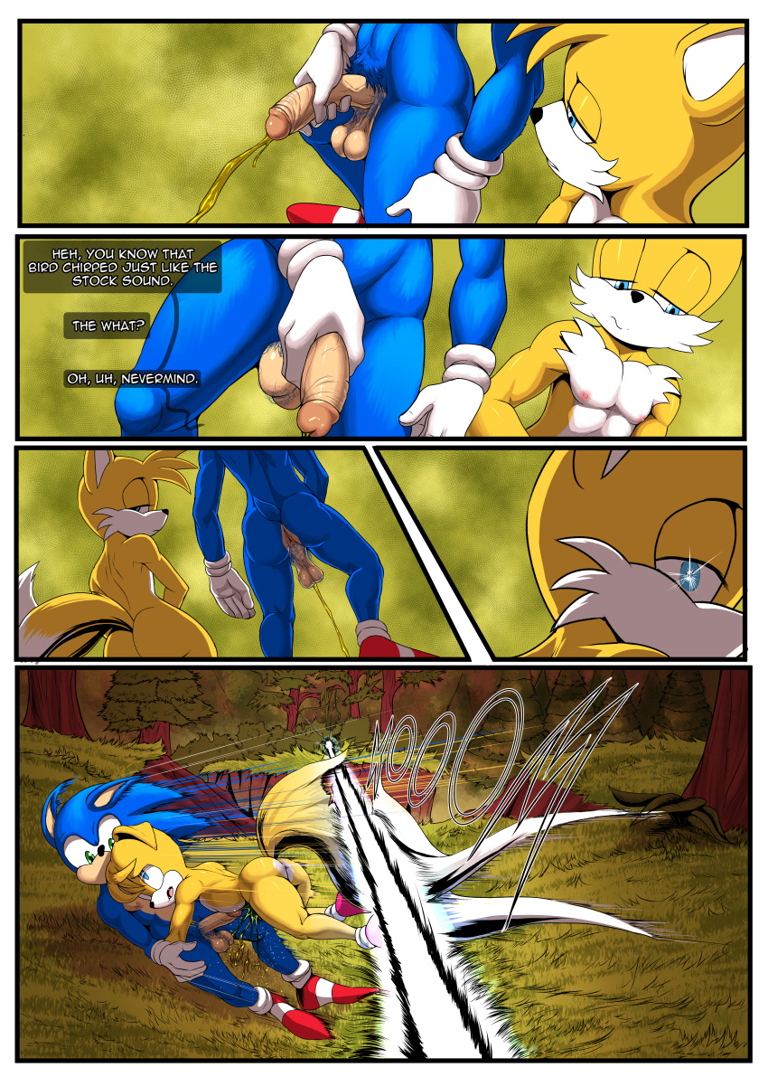 absurd_res anthro anus bodily_fluids canid canine comic english_text eulipotyphlan forest fox genital_fluids hedgehog hi_res huge_filesize kokobiel male male/male mammal miles_prower nipples nude outside peeing peeing_on_another plant pubes sega sonic_the_hedgehog sonic_the_hedgehog_(series) text tree urine urine_stream