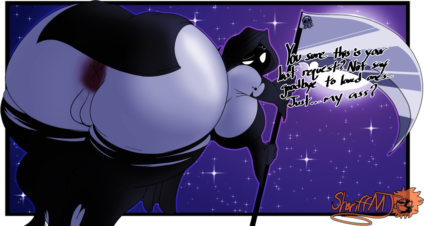 2021 absurd_res anus ass_up bent_over big_breasts big_butt breasts butt butt_focus death_(personification) digital_media_(artwork) female genitals grim_reaper hi_res huge_breasts huge_butt humanoid lewdtober looking_back masterj291 melee_weapon night night_sky not_furry polearm pussy scythe side_boob solo weapon