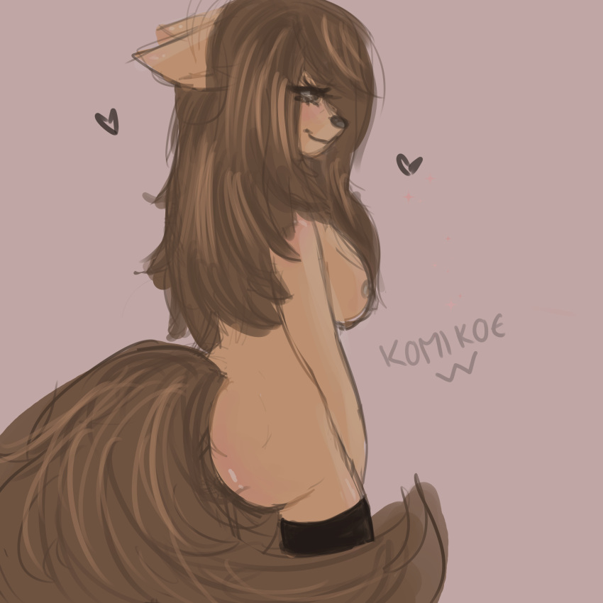 &lt;3 1:1 anthro bedroom_eyes big_breasts big_butt big_tail blush breasts brown_hair butt canid canine canis clothing ears_back female hair hands_on_hips hi_res highlights_(coloring) komiko komikoe lashes legwear mammal messy_hair narrowed_eyes nipples pivoted_ears rear_view seductive simple_background smile snout solo thigh_highs wolf