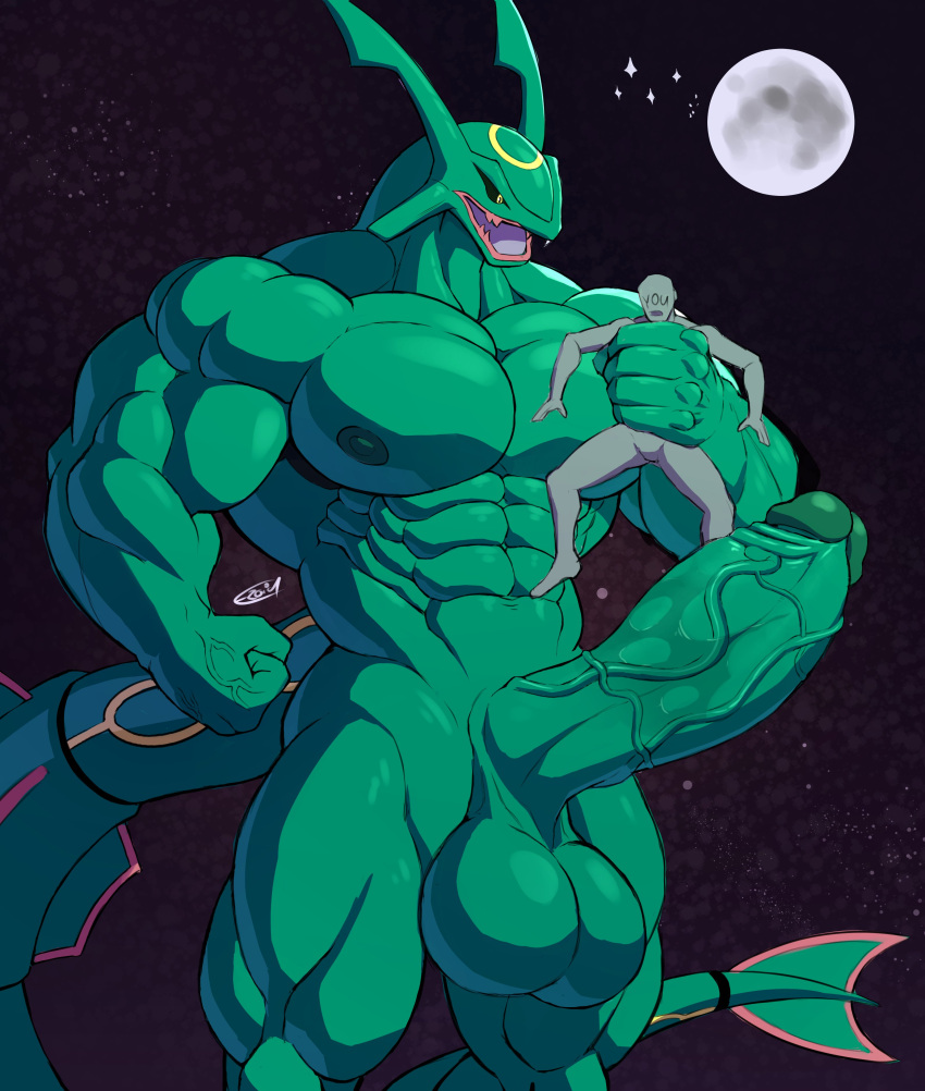 abs absurd_res ambiguous_gender anon anthro anthrofied areola balls big_balls big_muscles big_penis biped duo e-zoid erection fist full_moon genitals glans green_balls green_body green_penis hi_res holding_character huge_balls huge_muscles huge_penis humanoid larger_anthro larger_male legendary_pok&eacute;mon looking_at_another macro male moon muscular muscular_anthro muscular_male nintendo nipples nude open_mouth pecs penis pok&eacute;mon pok&eacute;mon_(species) pok&eacute;morph rayquaza size_difference smaller_ambiguous smaller_humanoid space vein veiny_penis video_games yellow_eyes