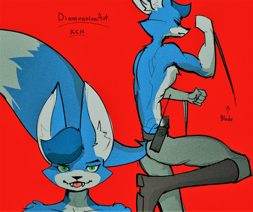 anthro biru_(diamonsion) blade blue_body blue_fur boots canid canine clothed clothing diamonsion digital_media_(artwork) footwear fox fur green_eyes hair hi_res long_ears male mammal muscular muscular_male shirtless simple_background solo teeth text tongue tongue_out weapon white_body white_fur