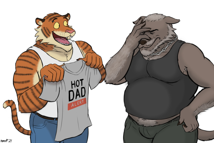 3:2 anthro boomer_(nanoff) bottomwear canid canine canis chain_necklace clothing denim denim_clothing duo facepalm felid hi_res jeans male male/male mammal mature_anthro mature_male miles_(nanoff) musclegut muscular muscular_male nanoff navel pantherine pants piercing print_shirt shirt smile tank_top tiger topwear wolf