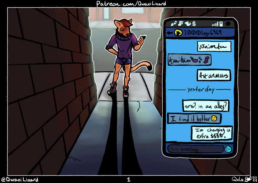 alley anthro brick_wall cellphone clothed clothing colored comic dialogue digital_drawing_(artwork) digital_media_(artwork) domestic_cat eggplant emoji english_text felid feline felis food fruit hair hi_res male mammal outside phone plant prostitution public qwaxi~lixard shaded sidewalk signature solo text text_message url wall_(structure)