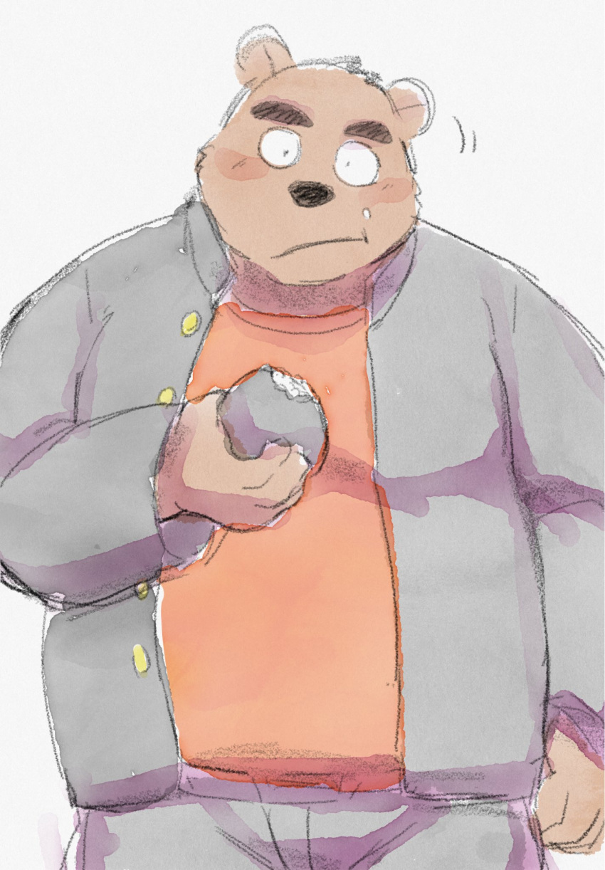 2021 anthro black_nose blush bottomwear brown_body clothing hi_res humanoid_hands kemono kick_(artist) male mammal overweight overweight_male pants shirt simple_background solo topwear ursid