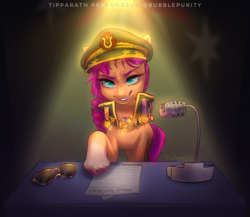 2021 absurd_res braided_hair bubblepurity clothing cloven_hooves dictator digital_media_(artwork) earth_pony equid equine eyewear female feral fur hair hasbro hat headgear headwear hi_res hooves horse looking_at_viewer mammal microphone mlp_g5 my_little_pony paper pony signature simple_background smile smirk solo spotlight sunglasses sunny_starscout_(mlp) teeth