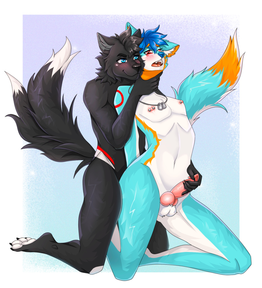 2_tails anthro arctic_wolf asphyxiation black_body black_fur blue_eyes blue_hair canid canine canis choking dire_wolf dog_tags duo falcon_woodwere fur genitals hair hands_behind_back hi_res kneeling male male/male mammal moan moaning_in_pleasure multi_tail multicolored_body multicolored_fur nipple_piercing nipples penis piercing pink_penis reach_around red_eyes smile smirk wolf yokokato