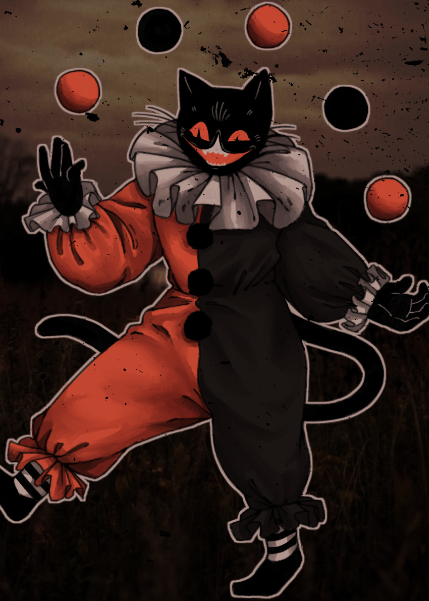 anthro black_body black_ears black_fur clothing domestic_cat felid feline felis fullmetaljack77 fur hi_res juggler juggling mammal open_mouth solo whiskers