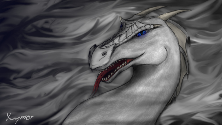 16:9 2_horns abstract_background absurd_res ambiguous_gender blue_eyes colored dragon feral fog forked_tongue frill_(anatomy) head_crest head_frill headshot_portrait hi_res horn open_mouth portrait scales scalie shaded side_view signature smoke solo spot_color teeth tongue tongue_out white_body white_scales widescreen xymor xymor_(character)