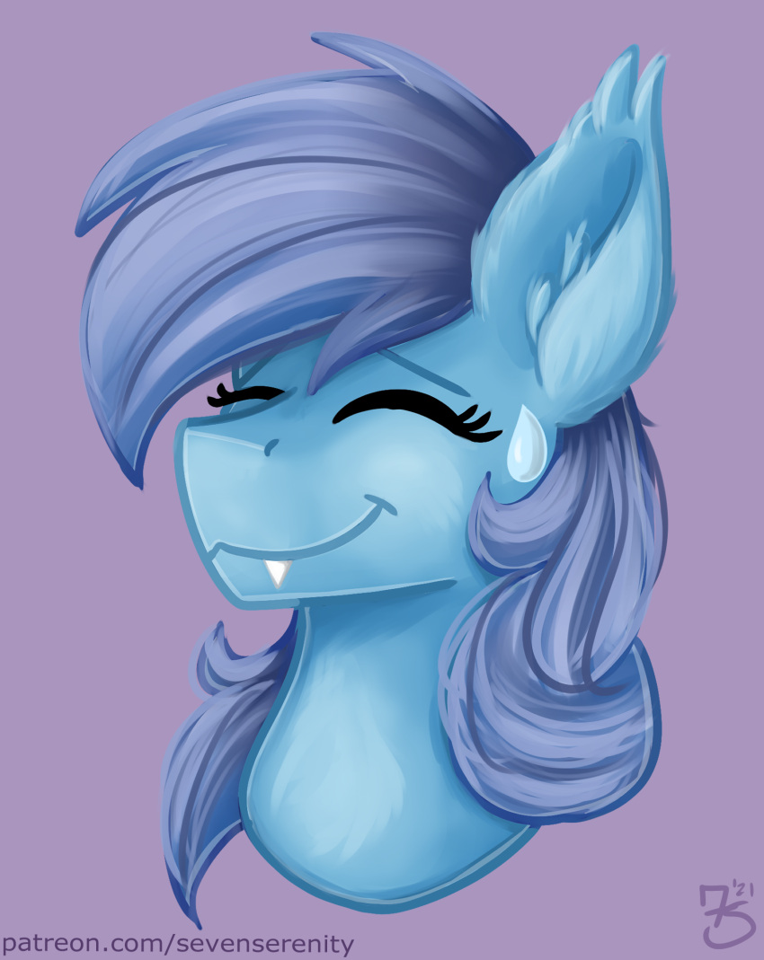 blue_body blue_fur blue_hair bodily_fluids equid equine eyes_closed fan_character fangs fur hair hasbro headshot hi_res horse mammal my_little_pony painted pony sevenserenity signature smile snout solo sweat sweatdrop text url