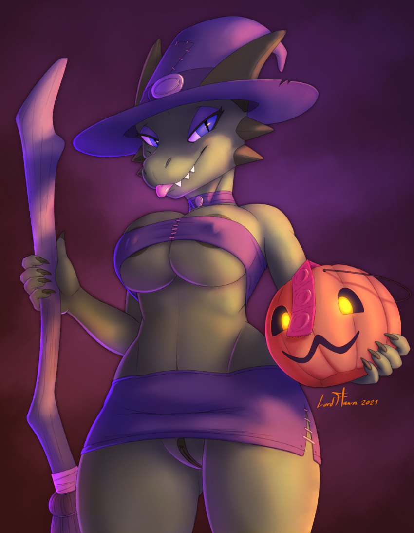 2021 anthro areola bedroom_eyes blue_eyes breasts broom cleaning_tool clothing condom costume eyeshadow female food fruit genitals green_body halloween hat headgear headwear hi_res holidays horn jack-o'-lantern kobold looking_at_viewer lordflawn low-angle_view magic_user makeup narrowed_eyes nipple_outline plant pumpkin purple_clothing pussy seductive sexual_barrier_device signature simple_background smile solo teeth tongue upskirt witch witch_hat