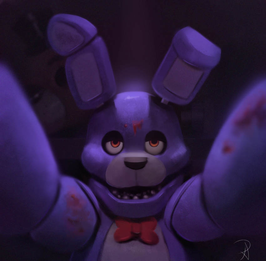 2021 animatronic anthro bearnot black_nose blood blood_on_face bodily_fluids bonnie_(fnaf) bow_tie clothing countershading creepy digital_media_(artwork) digital_painting_(artwork) endoskeleton first_person_view five_nights_at_freddy's fur hat headgear headwear held_up hi_res holding_viewer lagomorph leporid machine male mammal open_mouth open_smile orange_eyes purple_body purple_fur rabbit robot smile solo teeth top_hat video_games