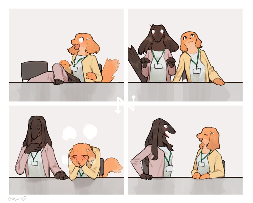 2021 afghan_hound anthro anthro_on_anthro bebebebebe bird_dog blush brown_body brown_fur canid canine canis cocker_spaniel domestic_dog duo female female/female fur hi_res hunting_dog implied_cunnilingus implied_oral mammal multicolored_body multicolored_fur orange_body orange_fur sighthound simple_background spaniel tan_body tan_fur two_tone_body two_tone_fur unprofessional_behavior