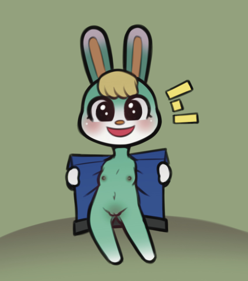 animal_crossing anthro black_eyes blonde_hair clothing conditional_dnp crossgender digital_media_(artwork) eyelashes female flashing fur genitals green_body green_fur hair hi_res jacket lagomorph leporid looking_at_viewer mammal mtf_crossgender nintendo open_mouth pussy rabbit sasha_(animal_crossing) simple_background smile solo thehenwithatie topwear video_games