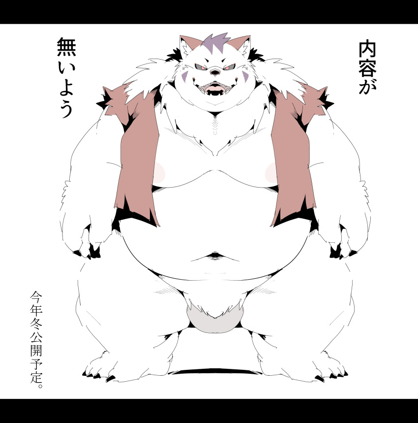 2021 absurd_res anthro balls belly biped black_bars felid genitals hi_res humanoid_hands japanese_text kemono letterbox male mammal moobs navel nipples overweight overweight_male sigenoya simple_background solo takotyutyu text white_background white_body