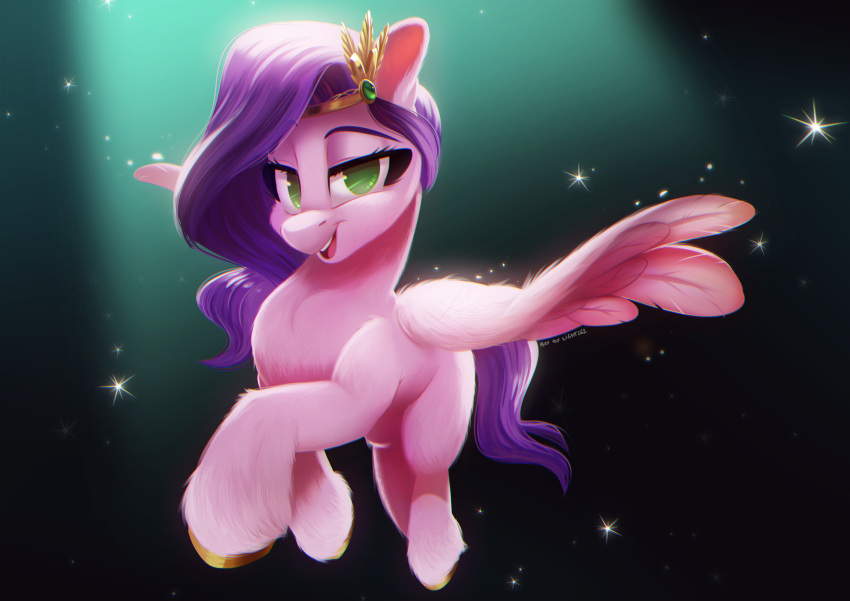 equid equine female fluffy flying fur fuzzy green_eyes half-closed_eyes hasbro headpiece hi_res hooves light262 looking_at_viewer mammal mlp_g5 my_little_pony narrowed_eyes no_pupils pegasus pink_body pink_fur pipp_petals_(mlp) solo sparkles spotlight wings
