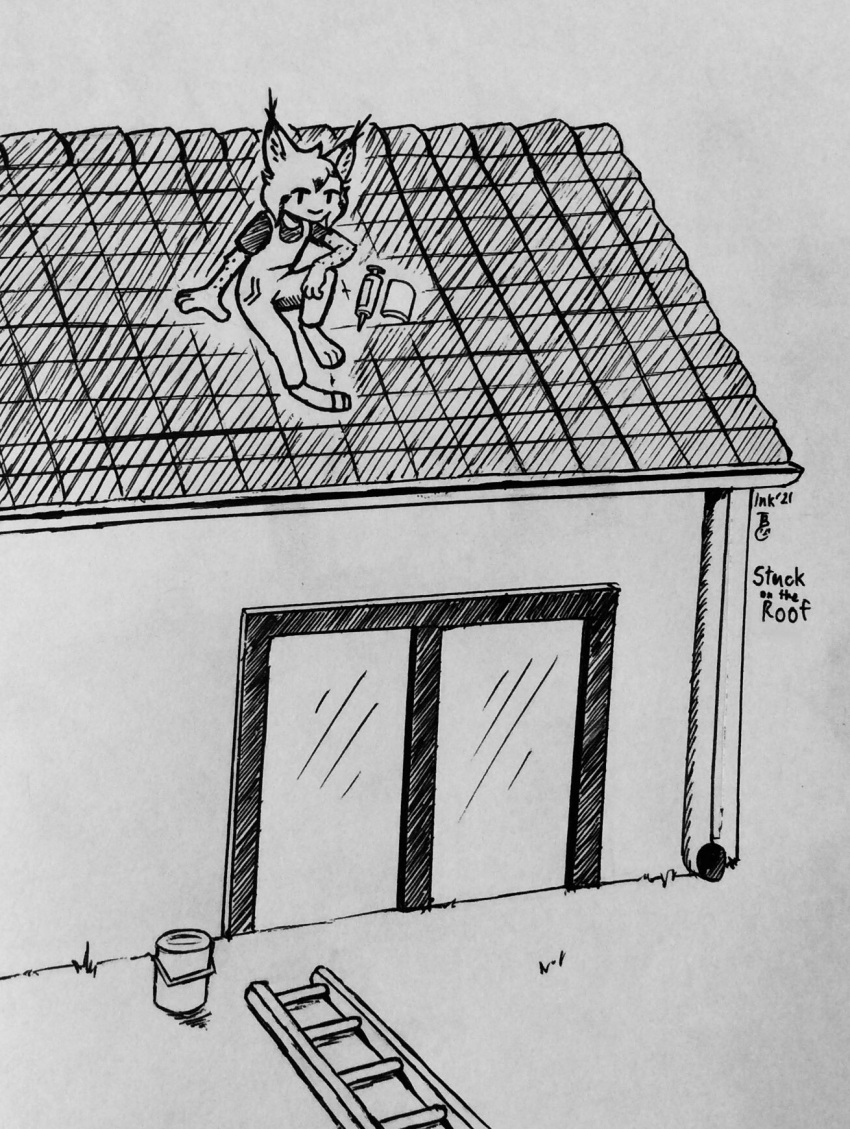 anthro building cheek_tuft clothed clothing english_text facial_tuft felid feline fully_clothed fur head_tuft hi_res house inktober inktober_2021 ladder lynx male mammal marc_(theblueberrycarrots) monochrome outside overalls sitting solo text theblueberrycarrots traditional_media_(artwork) tuft