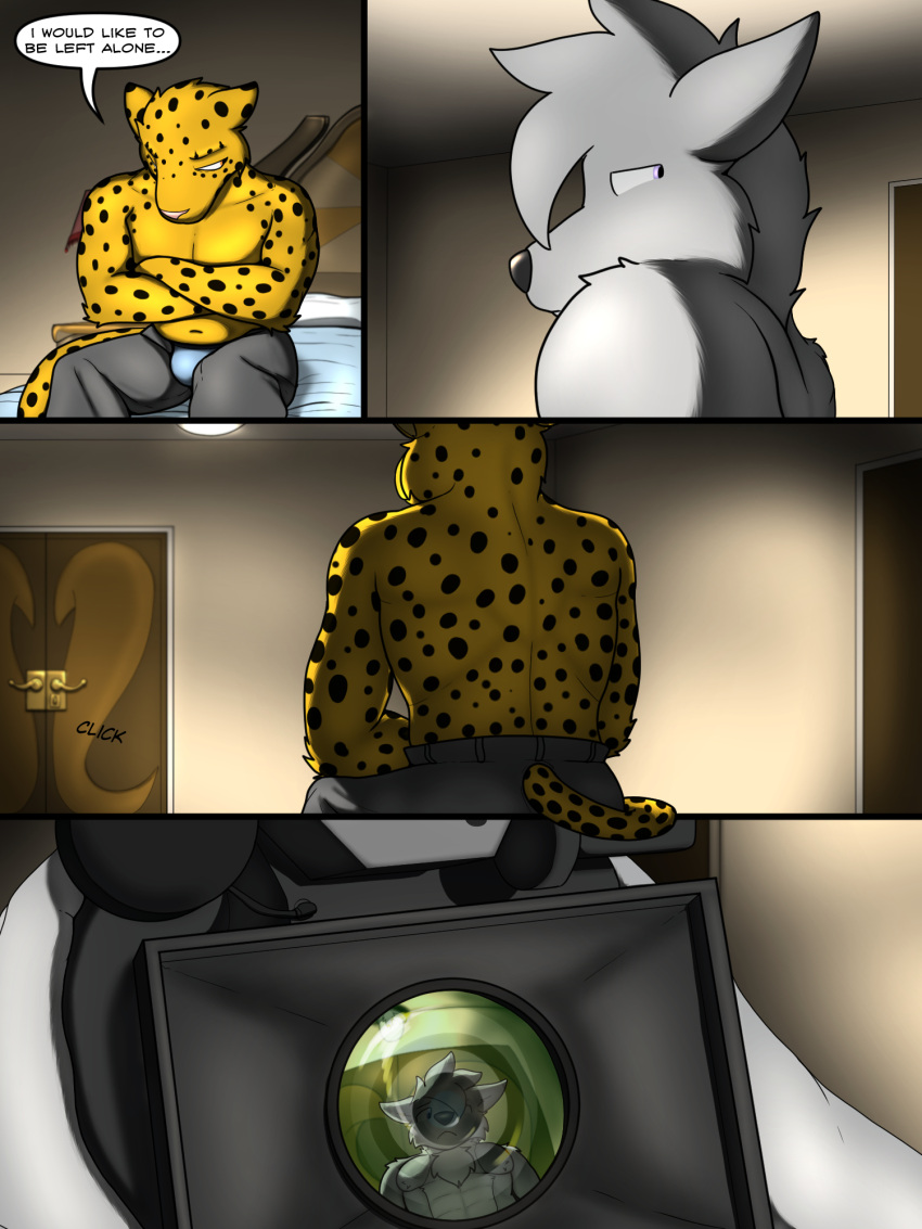 3:4 bulge camera canid canine canis clothing comic darth_vader_sanchez_(housepets!) felid hi_res housepets! jata_(housepets!) leopard male mammal pantherine slightly_chubby trashbadger underwear webcomic wolf