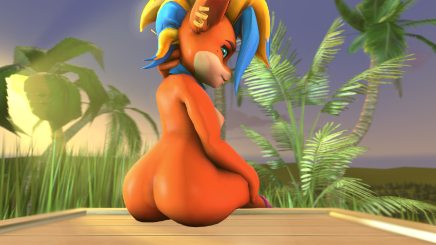 16:9 3d_(artwork) activision anthro bandicoot big_butt blonde_hair blue_eyes blue_hair butt crash_bandicoot_(series) digital_media_(artwork) ear_piercing ear_ring female glistening glistening_eyes hair hi_res looking_at_viewer mammal marsupial multicolored_hair nipples orange_body piercing pirate_tawna smile solo source_filmmaker two_tone_hair video_games widescreen xarr