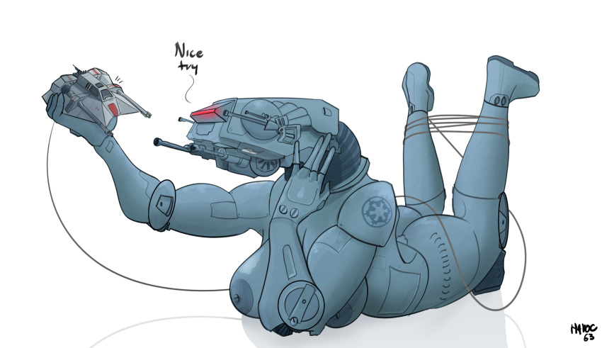 anthro at-at bdsm bondage bound breasts english_text female glowing glowing_eyes havoc63 hi_res larger_female legs_tied living_machine lying machine on_front red_eyes rope size_difference smile star_wars text walker