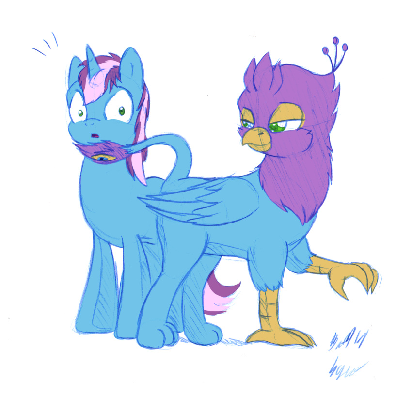 avian blue_body duo equid equine feathered_wings feathers green_eyes gryphon gyro_feather gyro_tech gyrotech hasbro hi_res hooves horn male mammal mane my_little_pony mythological_avian mythology pink_body quadruped selfcest square_crossover sycotei-b tail_stroking unicorn unicorn_horn wings