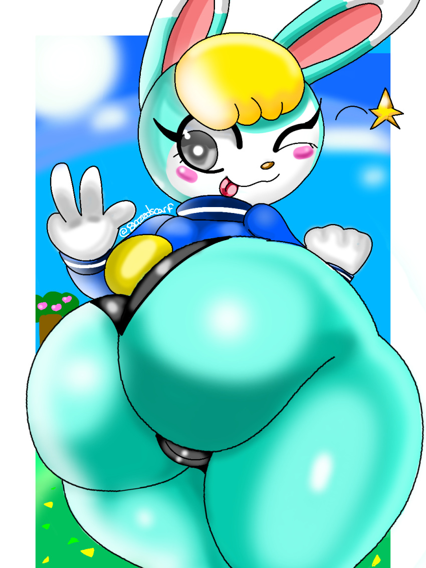 3:4 animal_crossing anthro big_butt blazedscarf bottomwear butt clothing crossgender digital_media_(artwork) female hi_res hotpants huge_butt huge_thighs lagomorph leporid mammal nintendo one_eye_closed rabbit sasha_(animal_crossing) shaded short_stack shorts solo spats thick_thighs video_games wide_hips wink