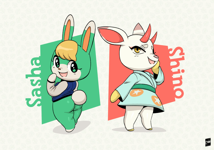 2021 animal_crossing anthro asian_clothing blonde_hair bottomless butt cervid clothed clothing digital_media_(artwork) duo east_asian_clothing english_text eyelashes female hair hi_res horn japanese_clothing joaoppereiraus kimono lagomorph leporid mammal nintendo open_mouth open_smile rabbit sasha_(animal_crossing) shaded shino_(animal_crossing) short_stack signature smile text thick_thighs video_games