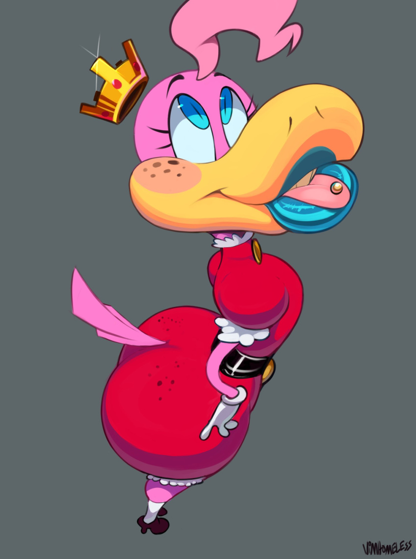 anthro avian beak belt big_butt bird bite blue_eyes butt clothing crown dress footwear girly gloves grey_background hair handwear hi_res high_heels looking_up mrs.mayhem piercing pink_body pink_hair red_clothing red_dress simple_background socks solo tongue tongue_bite tongue_out tongue_piercing vimhomeless wide_hips yellow_beak