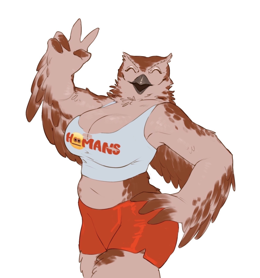 anthro avian big_breasts bird bottomwear breasts clothing crop_top curvy_figure edit female gesture hi_res hooters hooters_uniform looking_at_viewer neracoda owl shirt shorts solo topwear torn_clothing v_sign vehicle wardrobe_malfunction