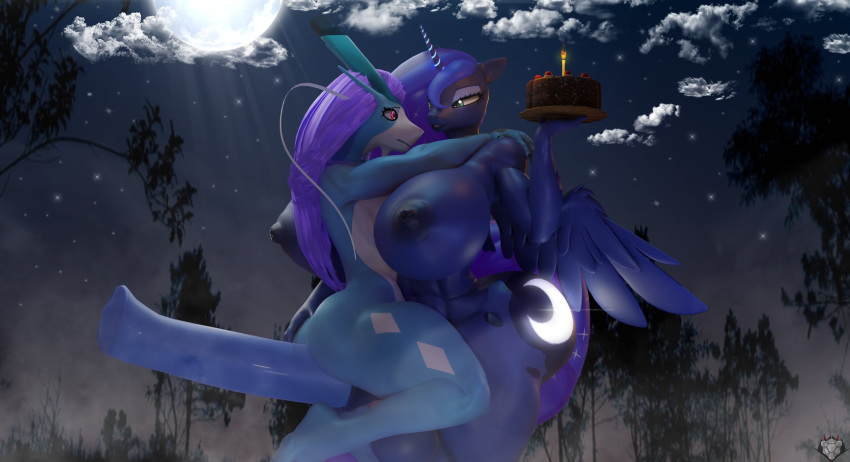 3d_(artwork) abs ambiguous_gender animal_genitalia animal_penis anthro anthrofied areola balls big_breasts big_penis breasts cake crossgender cutie_mark dessert digital_media_(artwork) embrace equid equine equine_penis erection food friendship_is_magic ftg_crossgender fti_crossgender full_moon genitals gynomorph gynomorph/ambiguous hasbro hi_res holding_character horn hug huge_penis intersex intersex/ambiguous legendary_pok&eacute;mon mammal medial_ring moon muscular muscular_anthro muscular_intersex my_little_pony naughty_cube night nintendo nipples outside penis pok&eacute;mon pok&eacute;mon_(species) princess_luna_(mlp) star suicune video_games winged_unicorn wings