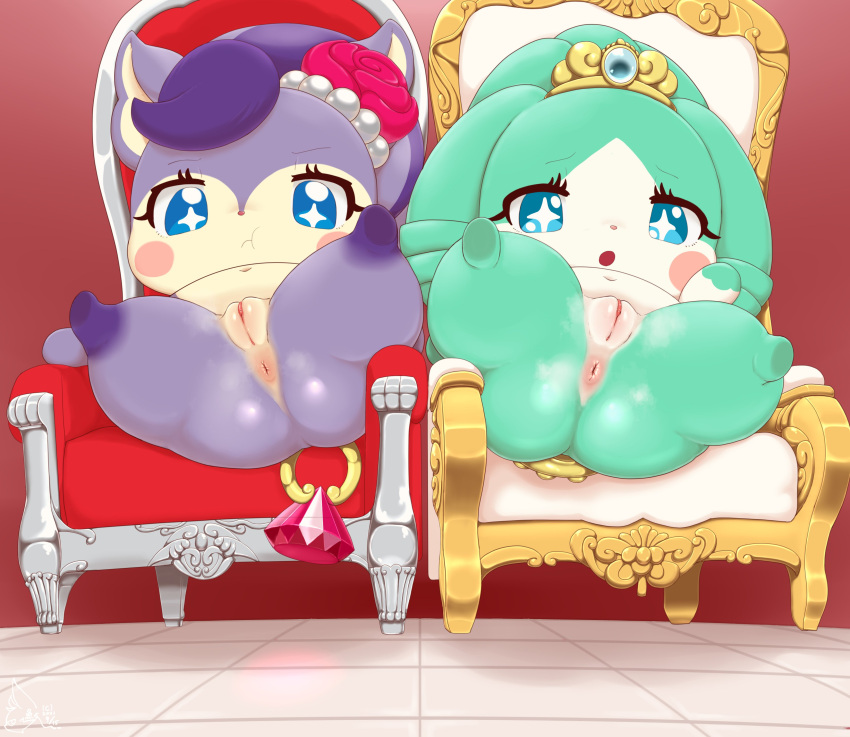 absurd_res accessory anus better_version_at_source butt chair chibi cocotama duo female flower flower_in_hair front_view furniture genitals hair hair_accessory hi_res hirake!_cocotama looking_at_viewer navel nude plant presenting presenting_hindquarters pussy ruby_(cocotama) sake_kemosalmon slightly_chubby star_eyes tia_(cocotama)