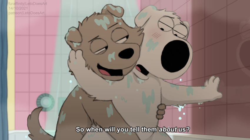 16:9 anthro brian_griffin canid canine canis domestic_dog duo family_guy fur hand_on_wall letodoesart male male/male mammal new_brian nude seductive shower subtitled water wet wet_body wet_fur widescreen