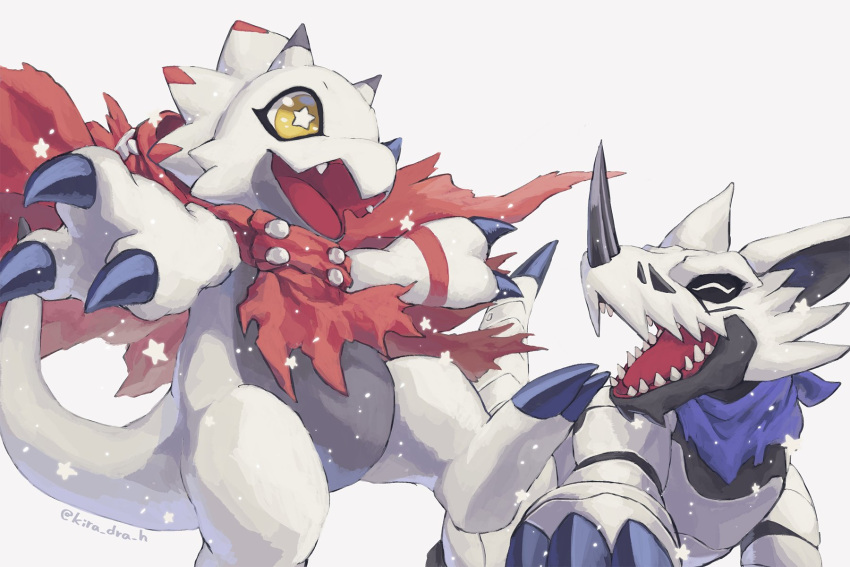 3:2 ambiguous_gender anthro bandai_namco bandanna black_claws cape claws clothing digimon digimon_(species) digimon_ghost_game duo gammamon hackmon happy hi_res horn kerchief kira_dra_h sharp_teeth simple_background smile teeth white_background white_body