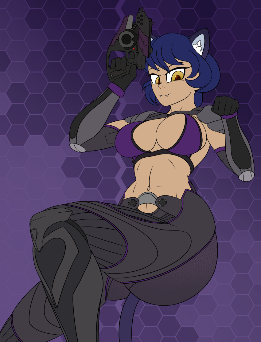 abs absurd_res animal_humanoid armor bikini breasts butt cat_humanoid cat_tail cleavage clothed clothing felid felid_humanoid feline feline_humanoid female gun handgun hi_res humanoid laser_gun laser_pistol mammal mammal_humanoid paw_pose pistol planetside_2 pose pupils ranged_weapon sharp_tooth shoulder_pads skimpy_armor slit_pupils smile smiling_at_viewer solo swimwear thehuskylord weapon