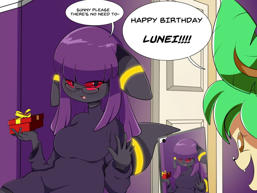 2021 4:3 absurd_res anthro black_body black_fur breasts brown_eyes cellphone clothing digital_media_(artwork) door duo eeveelution english_text eyewear female fur glasses green_hair hair happy_birthday hi_res inside jaspixie leafeon luneiumbreon_(mintyspirit) nintendo open_mouth phone pok&eacute;mon pok&eacute;mon_(species) purple_hair red_eyes red_sclera smile sunnyleafeon_(mintyspirit) sweater text topwear umbreon video_games white_door yellow_body