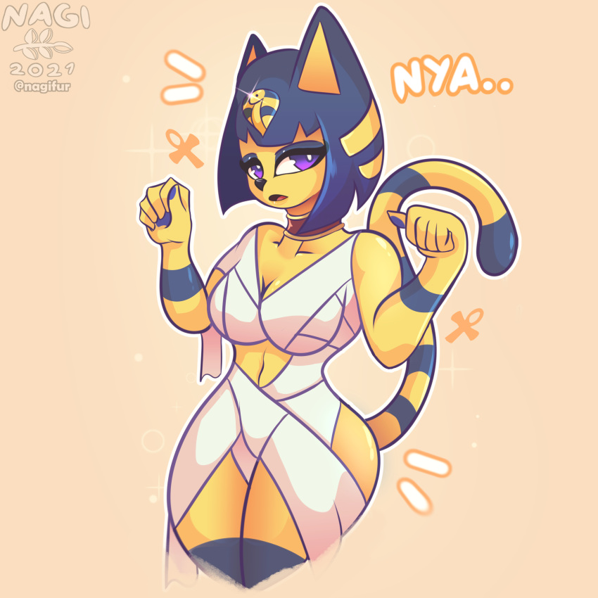 1:1 2021 absurd_res animal_crossing ankha_(animal_crossing) anthro bandage biped breasts cleavage clothed clothing felid feline female fur hair hi_res mammal nagifur navel nintendo purple_eyes simple_background solo video_games yellow_body yellow_fur