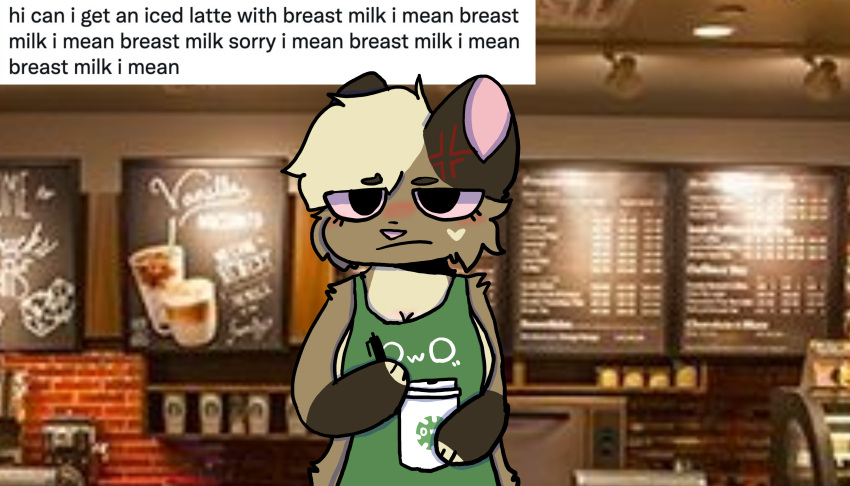 7:4 :/ absurd_res anthro apron apron_only blush breasts brown_body brown_fur clothing coffee_cup container cross-popping_vein cup detailed_background domestic_cat english_text felid feline felis female fur gloves_(marking) green_apron heart_marking hi_res hypurr i_mean_breast_milk mammal markings meme milk mostly_nude owo solo standing starbucks text