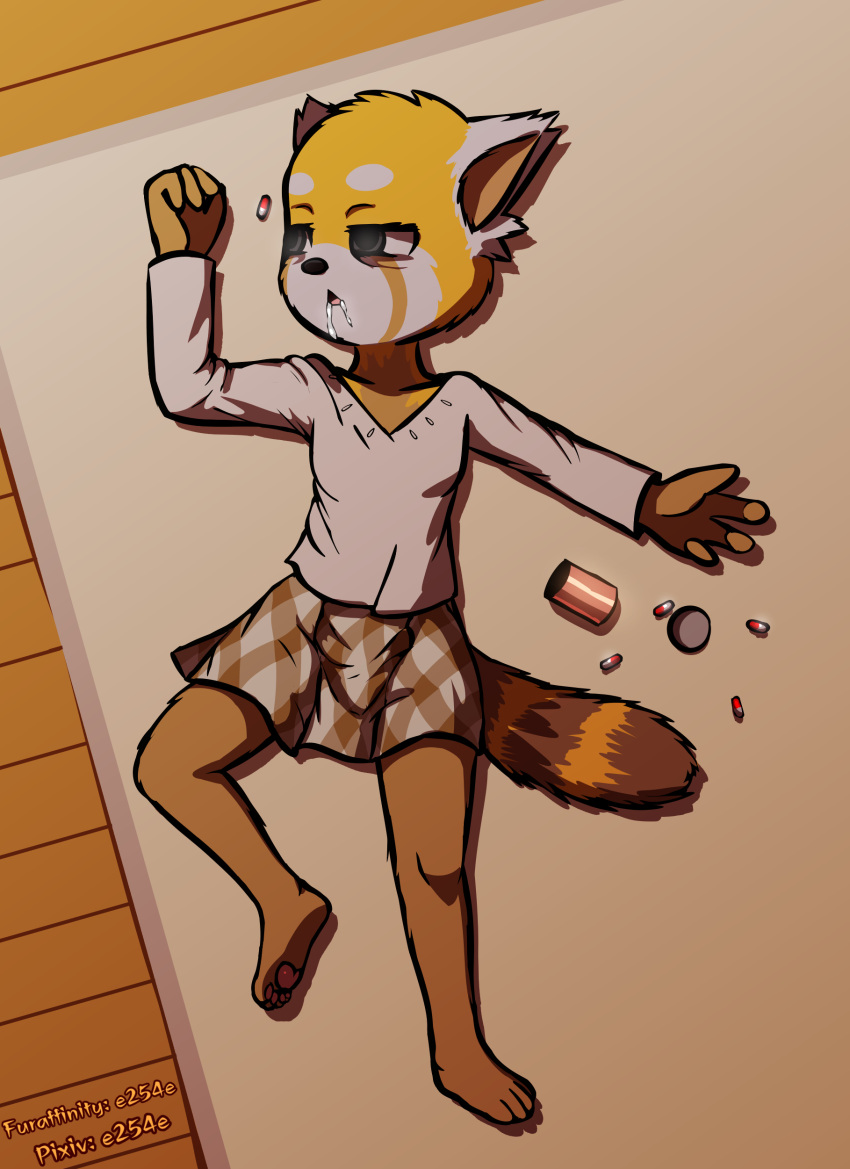 2019 4_fingers 4_toes absurd_res aggressive_retsuko ailurid anthro artist_name bags_under_eyes barefoot biped bird's-eye_view black_nose blank_stare blouse bodily_fluids bottomwear breasts brown_body brown_bottomwear brown_clothing brown_countershading brown_fur brown_markings brown_skirt clothed clothing corpse countershade_fur countershading death detailed_background dialated_pupils digital_media_(artwork) drooling drugs e254e eyebrows facial_markings feet female fingers floor full-length_portrait fully_clothed fur grey_eyes half-closed_eyes head_markings hi_res high-angle_view inside looking_away lying mammal markings mat multi_tone_fur multicolored_body multicolored_bottomwear multicolored_clothing multicolored_fur multicolored_skirt muzzle_(marking) narrowed_eyes on_back open_container open_mouth orange_body orange_fur overdose pattern_bottomwear pattern_clothing pattern_skirt pawpads pills pink_tongue plaid plaid_bottomwear plaid_clothing plaid_skirt portrait red_panda retsuko ring_(marking) ringtail saliva sanrio shaded shirt skirt small_breasts snout snout_markings solo spill suicide tail_markings tan_inner_ear tear_(marking) toes tongue topwear two_tone_bottomwear two_tone_clothing two_tone_skirt two_tone_tail white_body white_bottomwear white_clothing white_ears white_eyebrows white_fur white_markings white_shirt white_skirt white_topwear