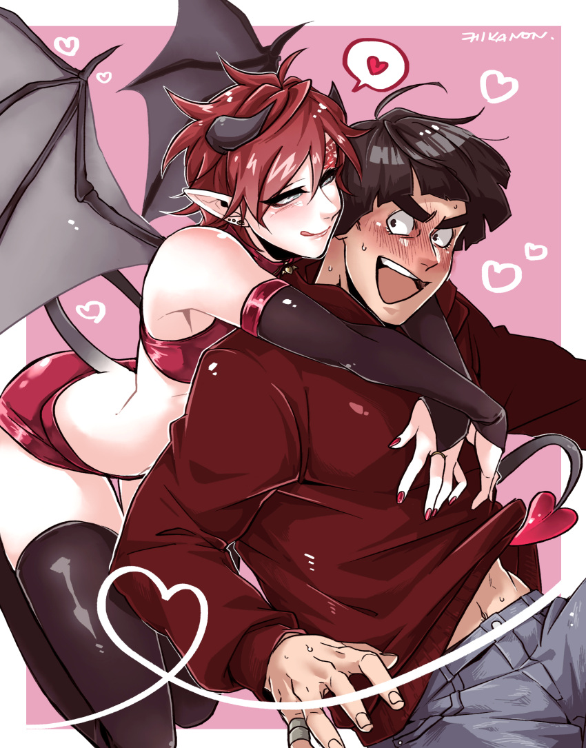 &lt;3 absurd_res accessory arms_around_neck armwear artist_name bandage bandaged_finger bat_wings blush blush_lines bottomwear clothed clothing clothing_lift colored demon demon_humanoid digital_drawing_(artwork) digital_media_(artwork) ear_piercing eye_contact gaara_(naruto) girly hair hair_accessory hairband hhikanon hi_res hotpants human humanoid leggings legwear licking licking_lips long_ears longsleeve looking_at_another male male/male mammal mature_male membrane_(anatomy) membranous_wings naruto_(series) piercing portrait red_fingernails red_hair rock_lee shirt shirt_lift shorts signature three-quarter_portrait tongue tongue_out topwear wings