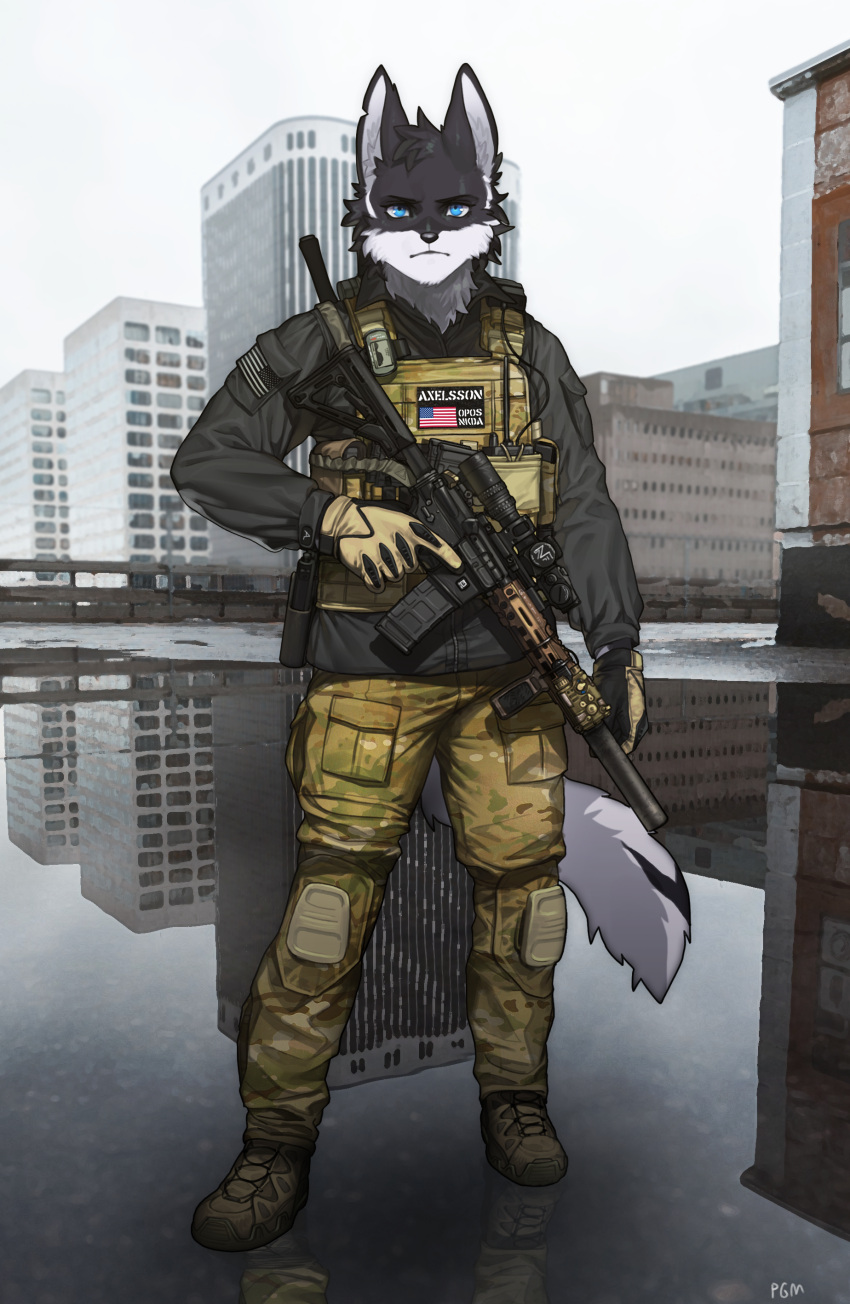 absurd_res anthro black_body black_fur blue_eyes camo canid canine canis clothing digital_media_(artwork) domestic_dog erik_axelsson fur gloves gun handgun handwear hi_res holster hoodie husky knee_pads looking_at_viewer male mammal mk18 multicam name_tag nordic_sled_dog pgm300 pistol raining ranged_weapon rifle shaded siberian_husky solo spitz topwear weapon