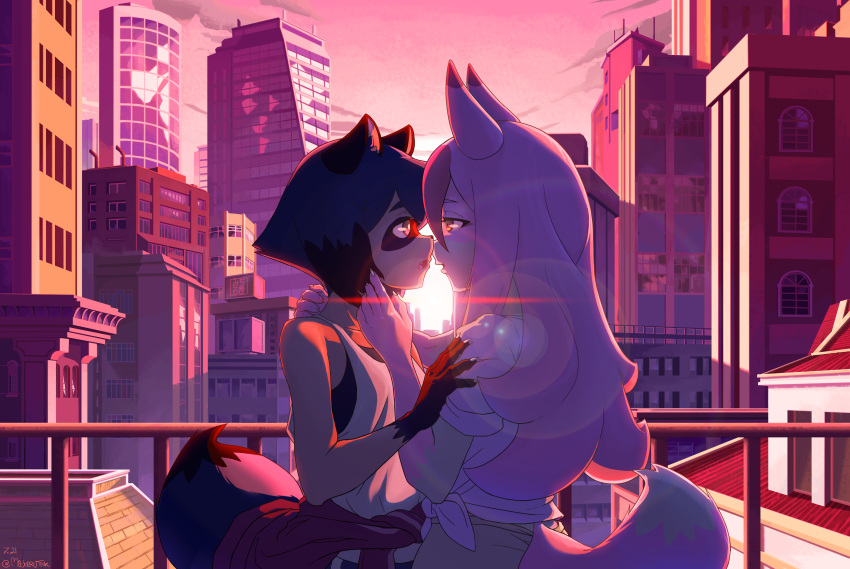 2021 absurd_res anthro blue_hair brand_new_animal breasts brown_body brown_fur canid canine city cityscape clothed clothing cloud detailed_background digital_media_(artwork) duo enigma_(artist) eye_contact female female/female fluffy fluffy_tail fox fully_clothed fur hair hi_res holding_partner imminent_kiss lens_flare long_hair looking_at_another mammal michiru_kagemori nazuna_hiwatashi open_mouth outside pink_body pink_fur pink_hair public raccoon_dog romantic romantic_couple short_hair signature sky smile studio_trigger sunrise tanuki white_body white_fur