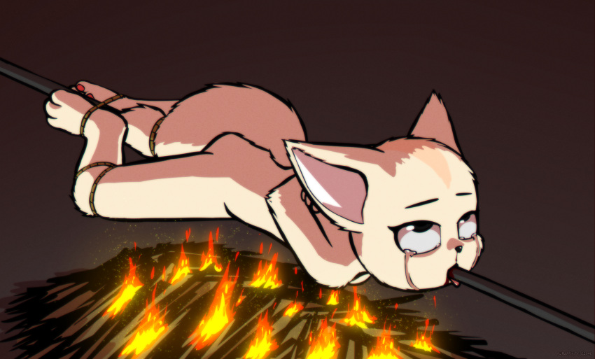 2020 3_toes aggressive_retsuko anthro biped black_eyebrows black_eyes black_nose blood blood_from_mouth blood_in_mouth bodily_fluids bound breasts brown_background burning canid canine cooking_with_furs digital_media_(artwork) e254e eye_roll eyebrows eyelashes feet female fennec fenneko fire fox full-length_portrait fur gore half-closed_eyes hands_behind_back head_markings hi_res high-angle_view impalement implied_cannibalism legs_tied looking_up mammal markings narrowed_eyes nude open_mouth pain pawpads pink_pawpads pink_tongue portrait rope sanrio shaded simple_background solo tail_tied tan_body tan_fur tan_markings tears three-quarter_view toes tongue tongue_out white_inner_ear