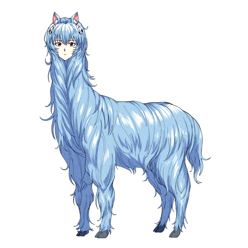 1:1 2021 blue_hair camelid digital_media_(artwork) eyelashes female feral hair humanoid_face inner_ear_fluff light_bulb_eater_byakko_pass llama looking_at_viewer mammal neon_genesis_evangelion pasu red_eyes rei_ayanami simple_background standing tuft white_background