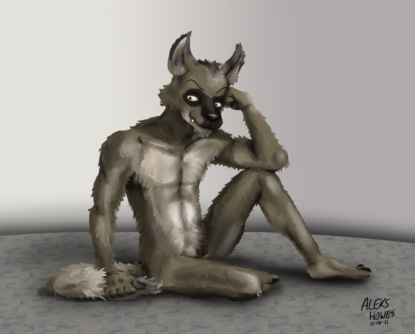 aleks_howes animal_genitalia anthro athletic athletic_anthro athletic_male beastars brown_body brown_fur canid canine canis cheek_tuft clawed_fingers clawed_toes coyote durham_(beastars) facial_markings facial_tuft fangs fully_sheathed fur genitals hand_on_head head_markings head_tuft hi_res holding_tail male mammal markings multicolored_body multicolored_fur nude pose sheath simple_background sitting solo tasteful_nudity tuft two_tone_body two_tone_fur