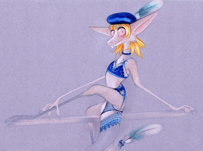 absurd_res anthro blonde_hair clothed clothing crossdressing fuchs hair hat headgear headwear hi_res lingerie looking_at_viewer lopin male mammal out-of-placers pose simple_background solo traditional_media_(artwork) webcomic yinglet