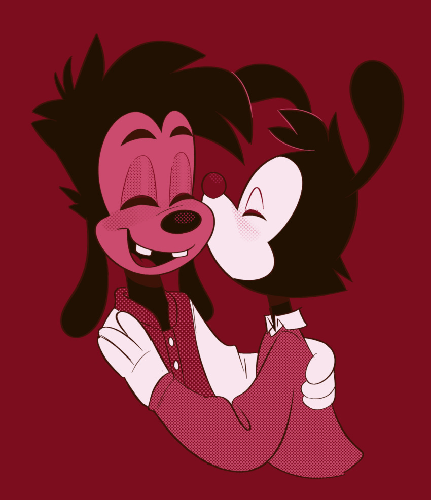 animaniacs anthro canid canine canis clothed clothing deadoutside disney domestic_dog duo eyes_closed gloves goof_troop handwear happy hi_res holding_person inkblot kissing kissing_cheek love male male/male mammal max_goof red_background simple_background smile sweater topwear warner_brothers yakko_warner