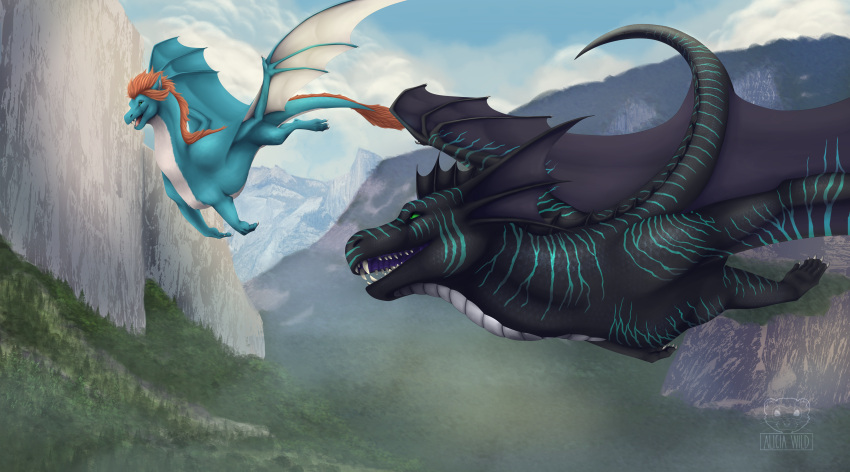 2021 absurd_res brown_hair claws day detailed_background digital_media_(artwork) dragon duo feral ferrety-lixciaa green_eyes hair hi_res horn membrane_(anatomy) membranous_wings open_mouth outside scales scalie sky spines teeth tongue western_dragon wings